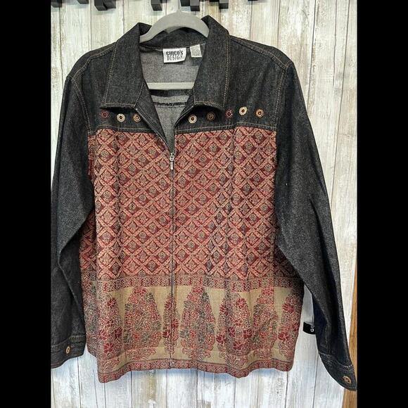 Chico's Design Denim Blazer Jacket Women's Sz 3 Embroidered Beaded Cotton & Wool - Picture 2 of 9